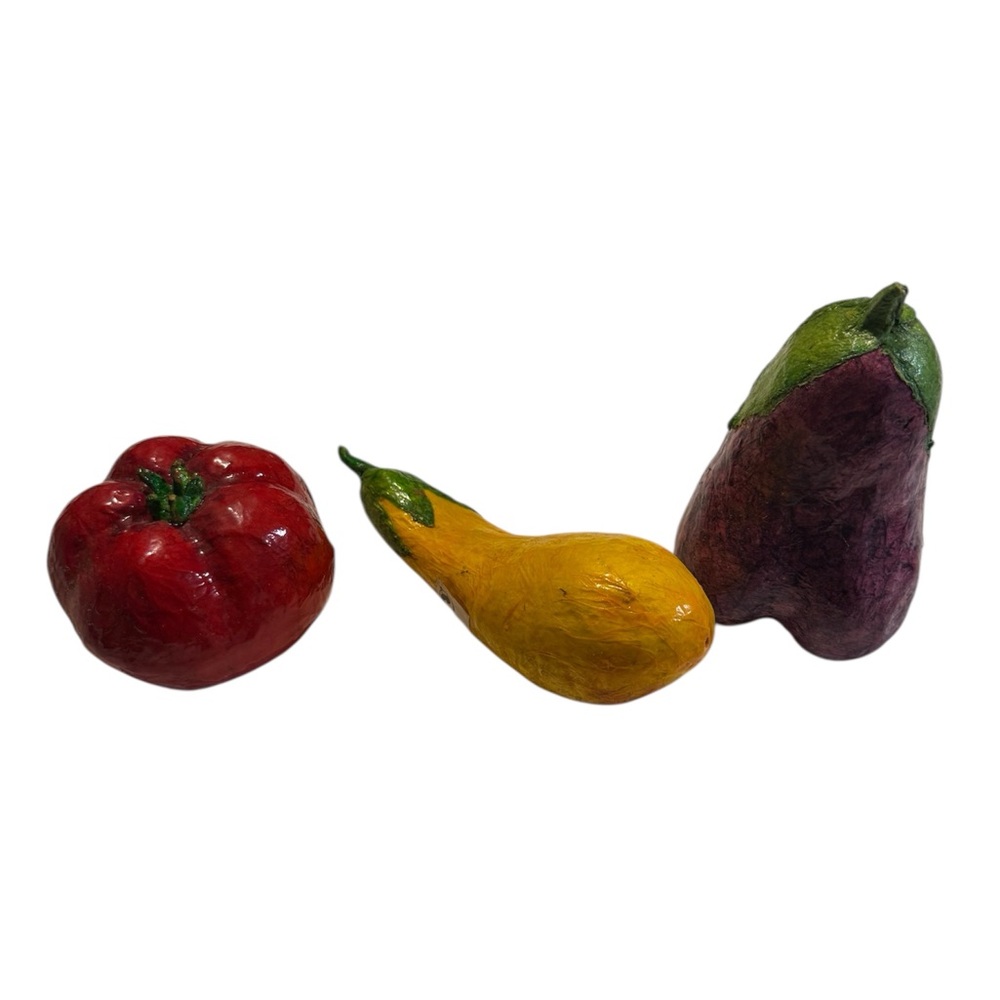 3 Colorful Paper Mache Vegetables from Mexico Tomato Eggplant Squash